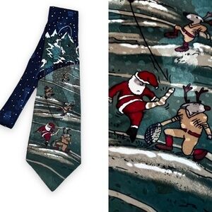 Vintage Christmas Tie Santa Kicking Football Reindeer Celebrations Hallmark Silk